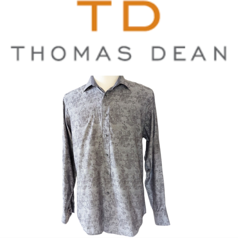 Thomas Dean XL Shirt Gray Flip Cuffs Button Down Dress Shirt Or Casual Collared